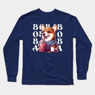 Cute Corgi Drinking Boba T-Shirt: Adorable Dog Tee for Boba Tea Lovers Long Sleeve T-Shirt